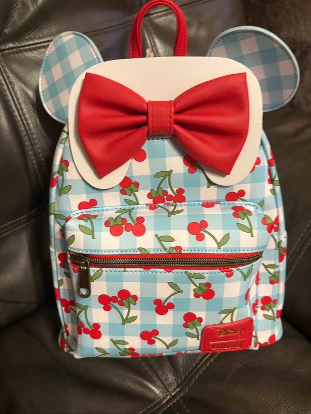 Loungefly Blue Gingham Cherry Mini Backpack with Red Bow
